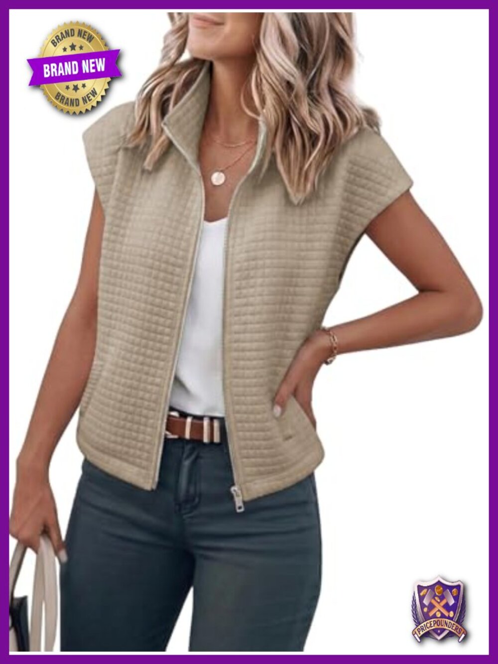Waffle Textured Zip Up Vest with Pockets Stand Collar Sleeveless